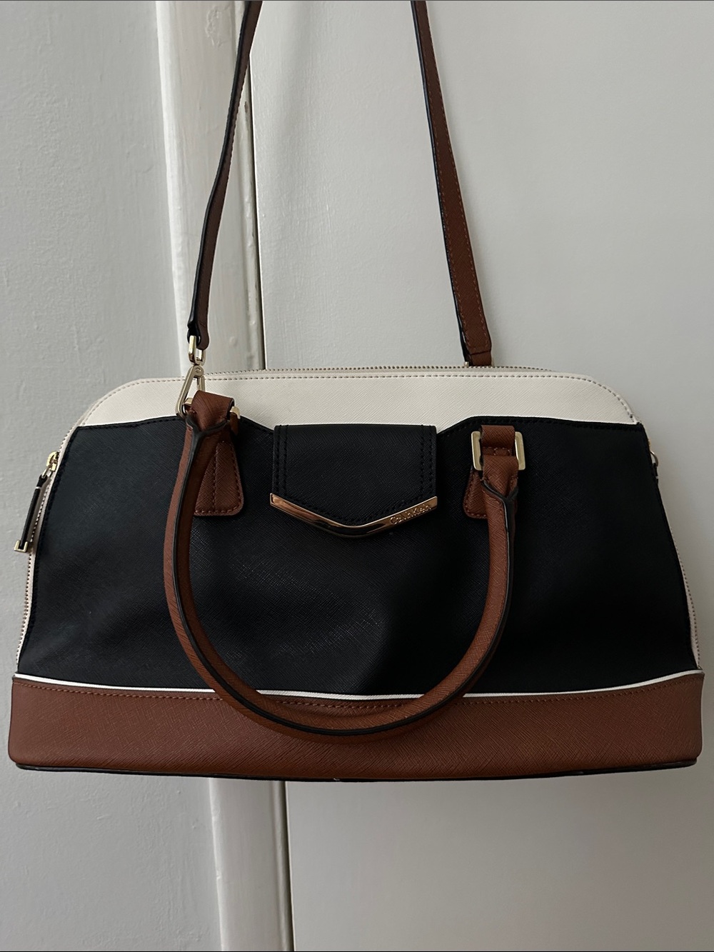 Calvin Klein Tri-Color Structured Satchel in Black, White & Brown